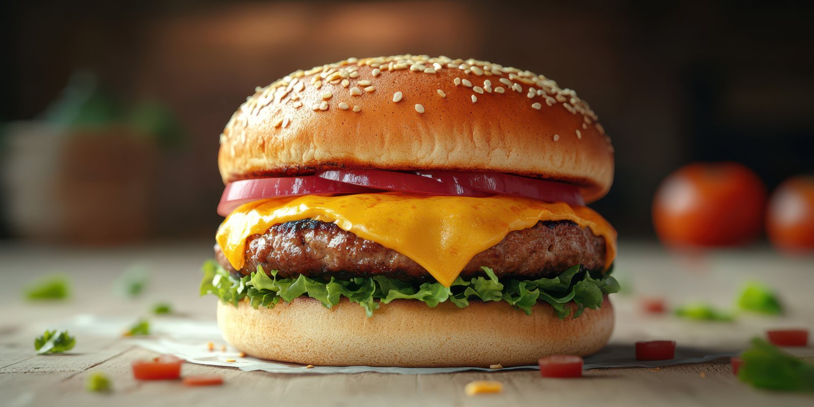 Delicious cheeseburger with fresh lettuce and tomato served in a cozy restaurant setting